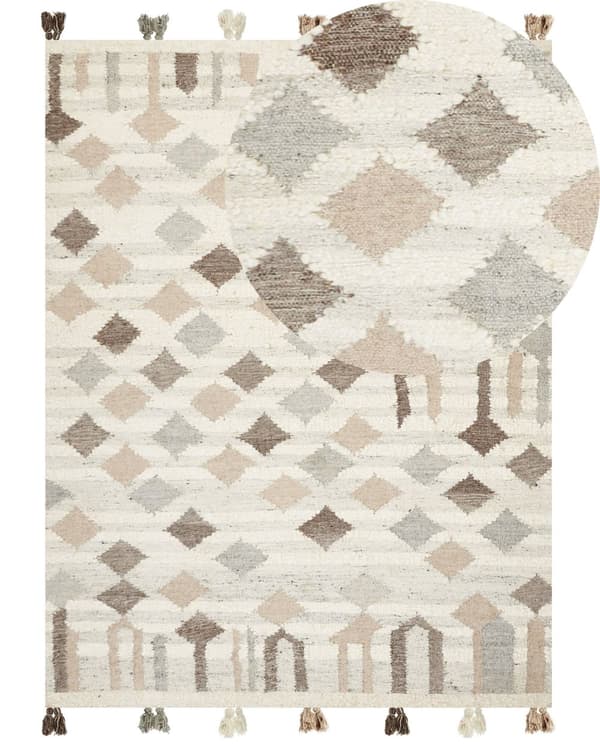 Matto monivärinen 160 x 230 cm villa puuvilla Kelim tupsut käsinkudottu geometrinen kuvio boho