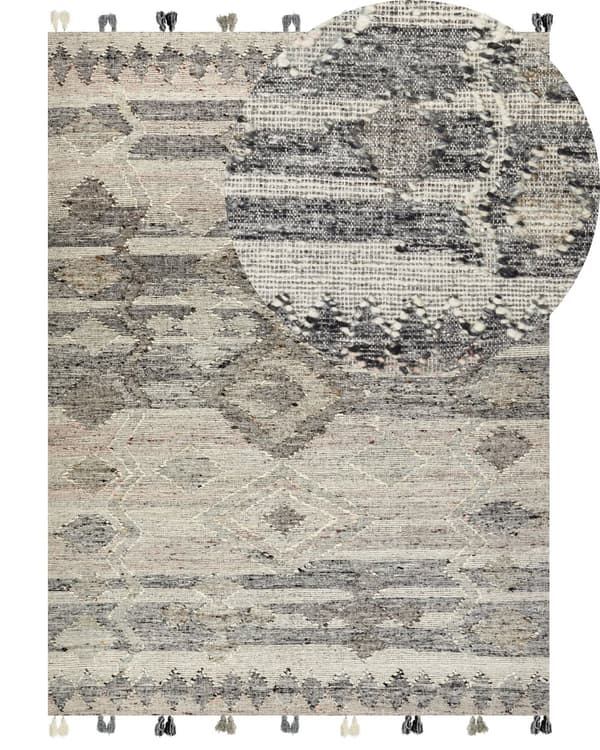 Matto harmaa 160 x 230 cm villa puuvilla geometrinen kuvio tupsut Kelim käsintehty boho retro