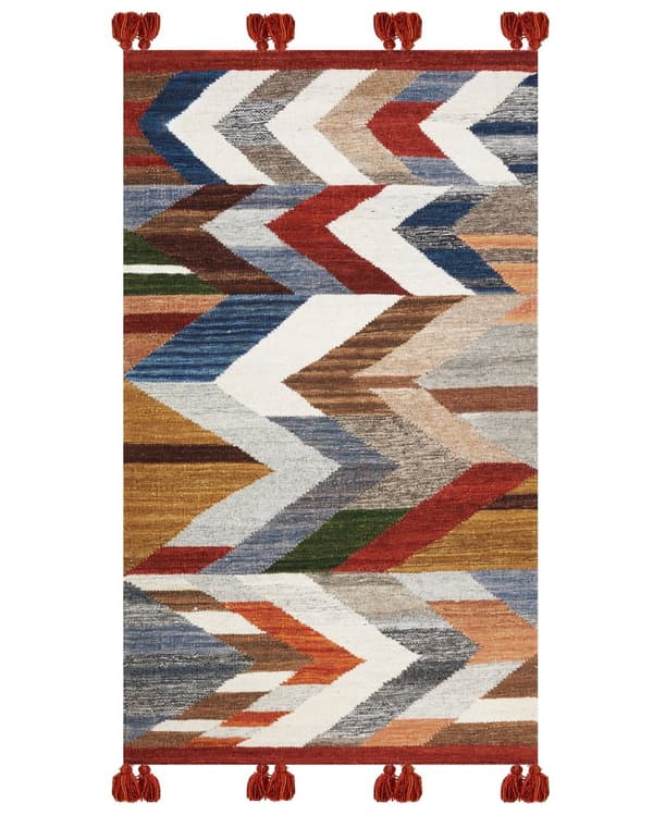 Matto monivärinen 80 x 150 cm villa puuvilla Kelim tupsut siksak-kuvio käsintehty boho