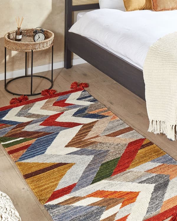 Matto monivärinen 80 x 150 cm villa puuvilla Kelim tupsut siksak-kuvio käsintehty boho
