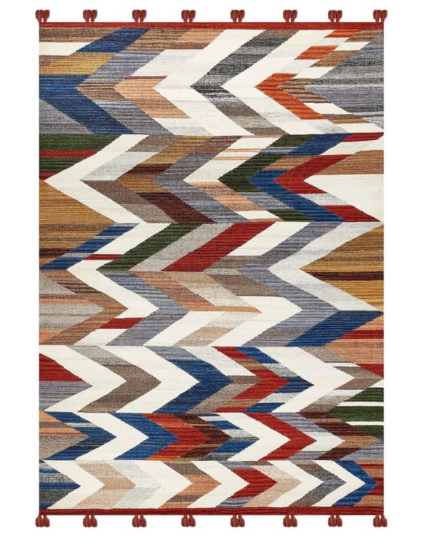 Matto monivärinen 200 x 300 cm villa puuvilla Kelim tupsut siksak-kuvio käsintehty boho