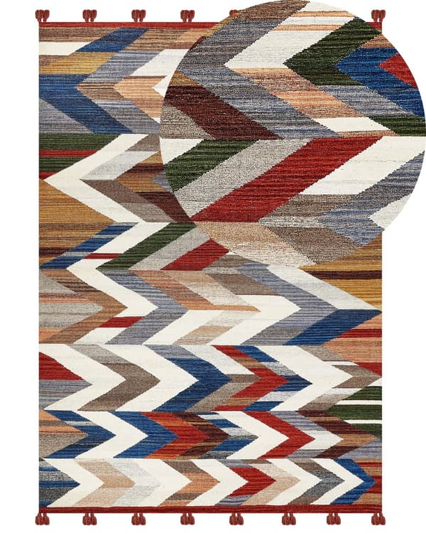 Matto monivärinen 200 x 300 cm villa puuvilla Kelim tupsut siksak-kuvio käsintehty boho