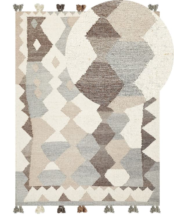 Matto monivärinen 160 x 230 cm villa puuvilla Kelim tupsut geometrinen kuvio boho