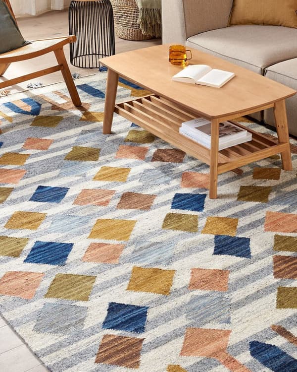 Matto monivärinen villa 80 x 150 cm intialainen käsin tehty tupsuilla Kelim matto boho-tyyli