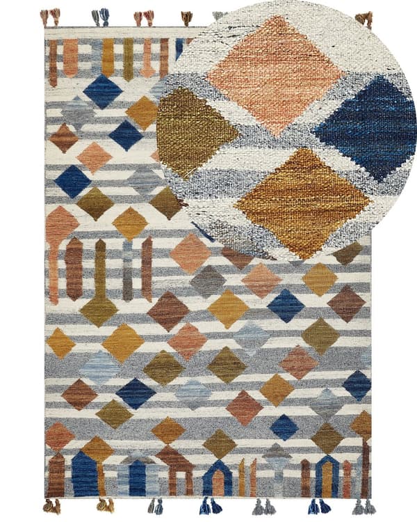 Matto monivärinen villa 80 x 150 cm intialainen käsin tehty tupsuilla Kelim matto boho-tyyli