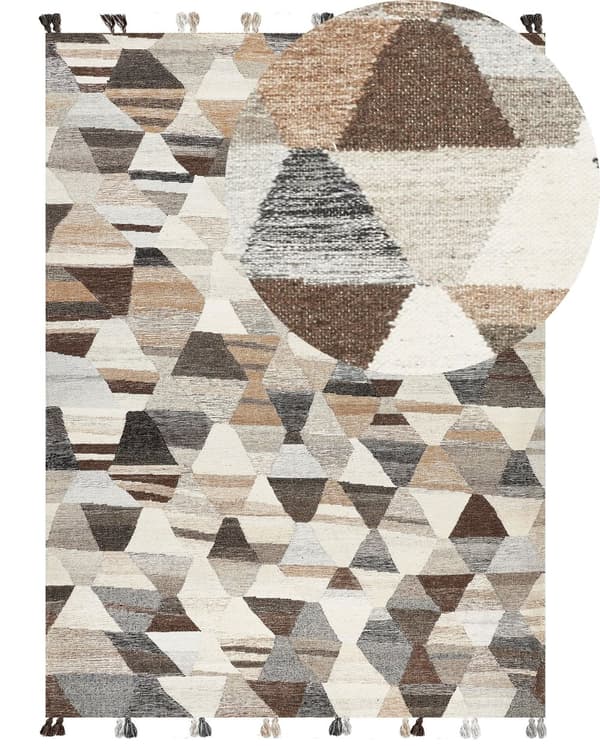 Matto monivärinen villa ja puuvilla 160 x 230 cm käsin tehty hapsuilla Kelim boho-tyyli
