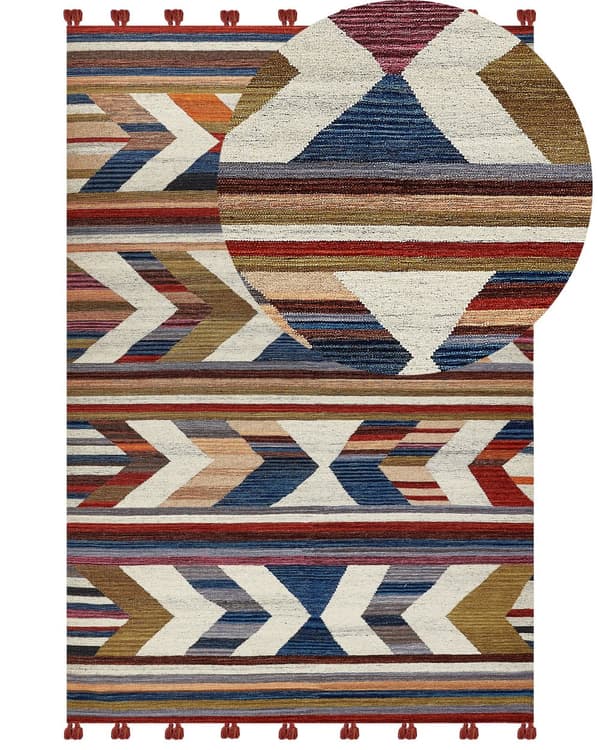 Matto monivärinen villa ja puuvilla 200 x 300 cm Kelim käsin kudottu hapsuilla boho-tyyli