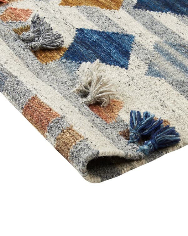 Matto monivärinen villa 80 x 150 cm intialainen käsin tehty tupsuilla Kelim matto boho-tyyli