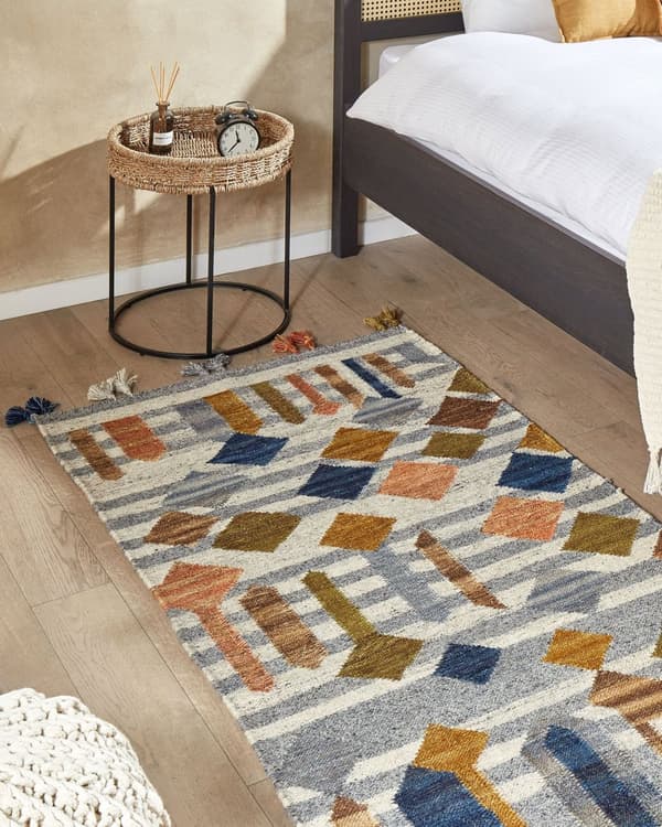 Matto monivärinen villa 80 x 150 cm intialainen käsin tehty tupsuilla Kelim matto boho-tyyli