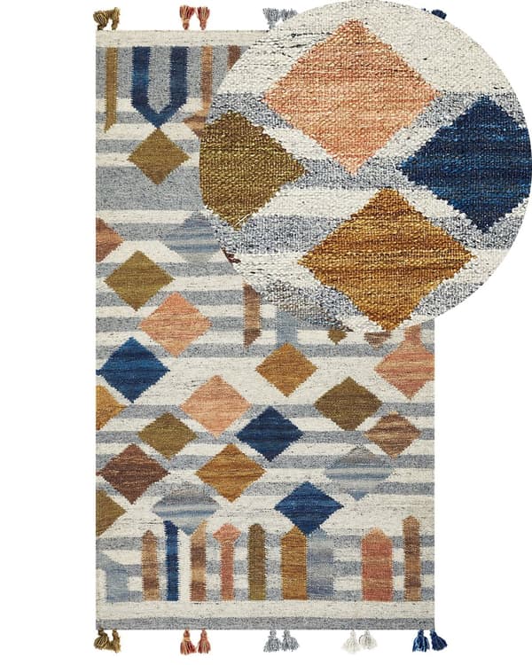Matto monivärinen villa 80 x 150 cm intialainen käsin tehty tupsuilla Kelim matto boho-tyyli