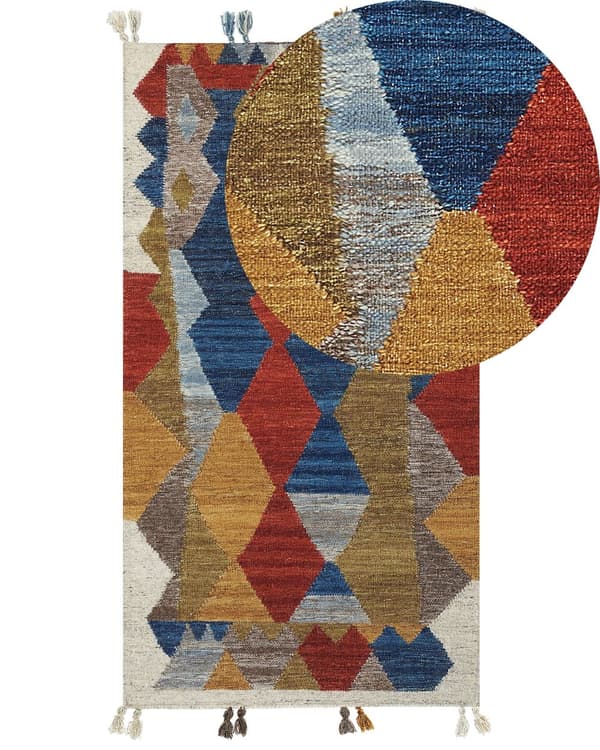 Matto monivärinen villa ja puuvilla 80 x 150 cm Kelim käsin tehty hapsuilla boho-tyyli