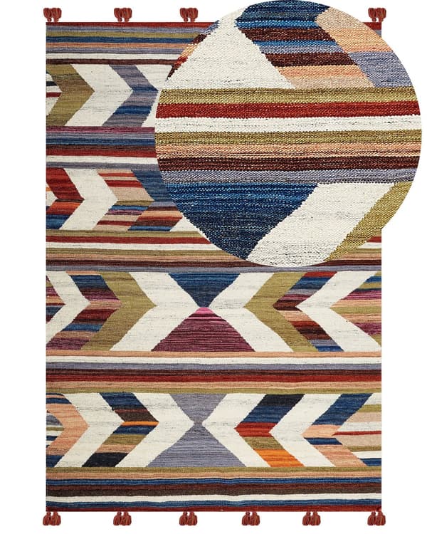 Matto monivärinen villa ja puuvilla 140 x 200 cm Kelim käsin kudottu hapsuilla boho-tyyli