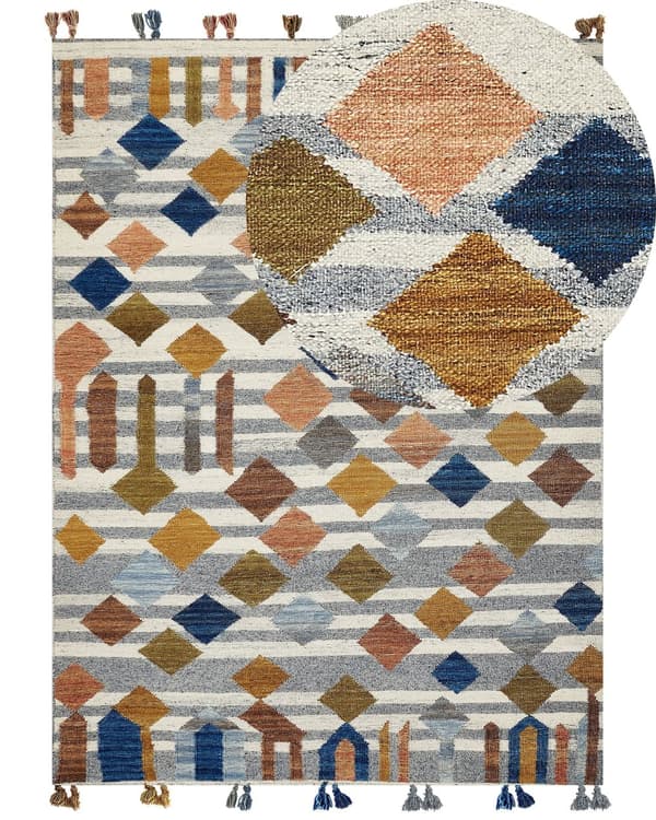 Matto monivärinen villa 80 x 150 cm intialainen käsin tehty tupsuilla Kelim matto boho-tyyli