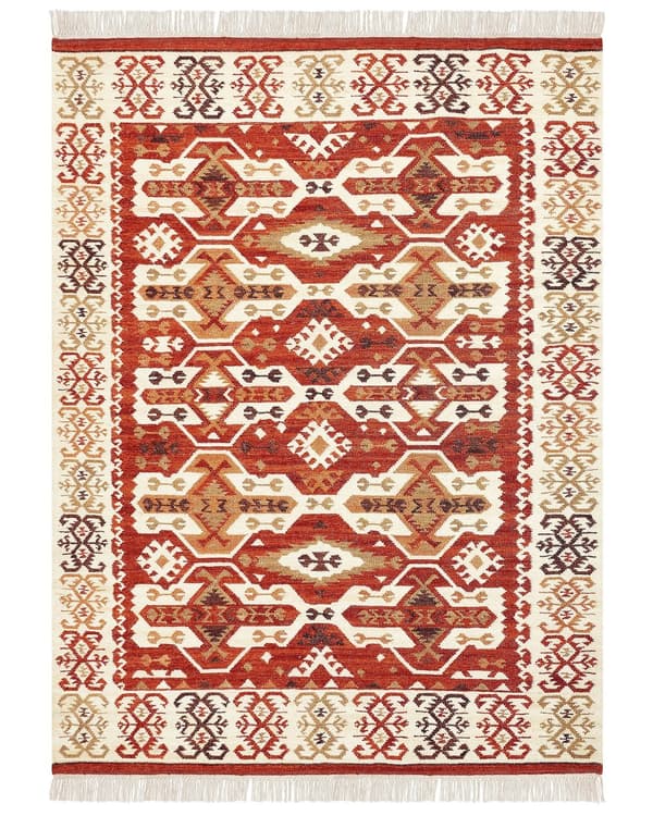 Matto monivärinen villa ja puuvilla 160 x 230 Kelim käsintehty hapsuilla boho-tyyli
