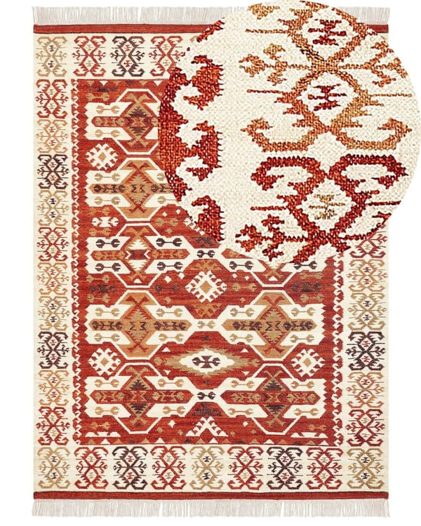 Matto monivärinen villa ja puuvilla 160 x 230 Kelim käsintehty hapsuilla boho-tyyli