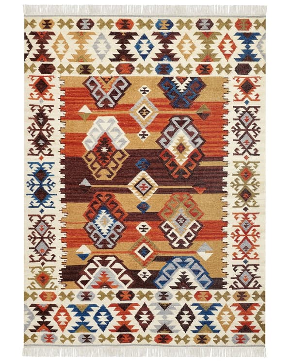 Matto monivärinen villa ja puuvilla 160 x 230 Kelim käsintehty hapsuilla boho-tyyli