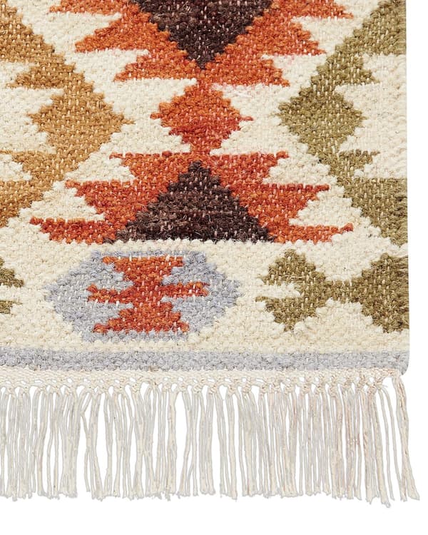 Matto monivärinen villa ja puuvilla 160 x 230 Kelim käsintehty hapsuilla boho-tyyli