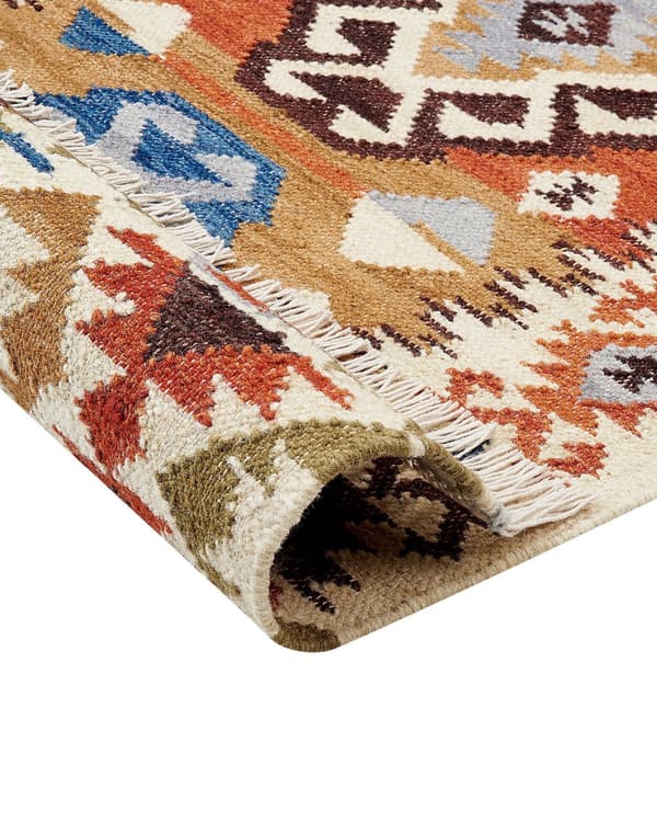 Matto monivärinen villa ja puuvilla 160 x 230 Kelim käsintehty hapsuilla boho-tyyli