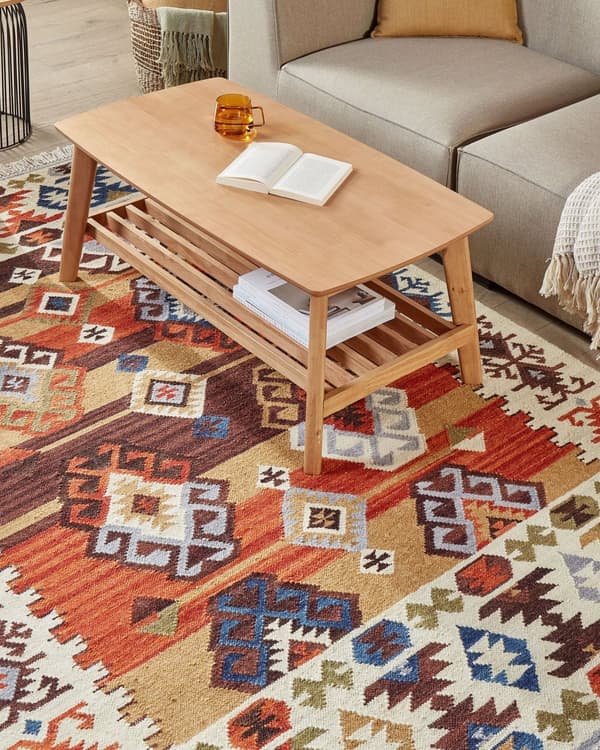 Matto monivärinen villa ja puuvilla 160 x 230 Kelim käsintehty hapsuilla boho-tyyli
