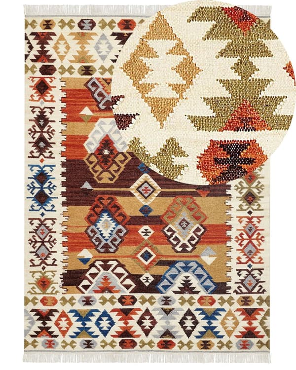 Matto monivärinen villa ja puuvilla 160 x 230 Kelim käsintehty hapsuilla boho-tyyli