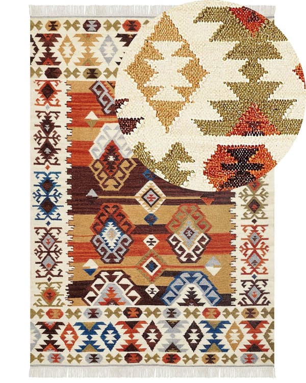 Matto monivärinen villa ja puuvilla 200 x 300 Kelim käsintehty hapsuilla boho-tyyli
