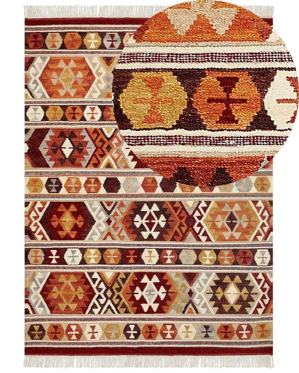 Matto monivärinen villa ja puuvilla 160 x 230 cm Kelim käsintehty hapsuilla boho-tyyli