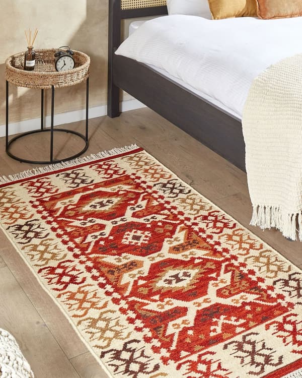Matto monivärinen villa ja puuvilla 80 x 150 Kelim käsintehty hapsuilla boho-tyyli