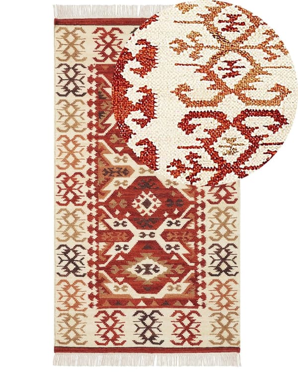 Matto monivärinen villa ja puuvilla 80 x 150 Kelim käsintehty hapsuilla boho-tyyli