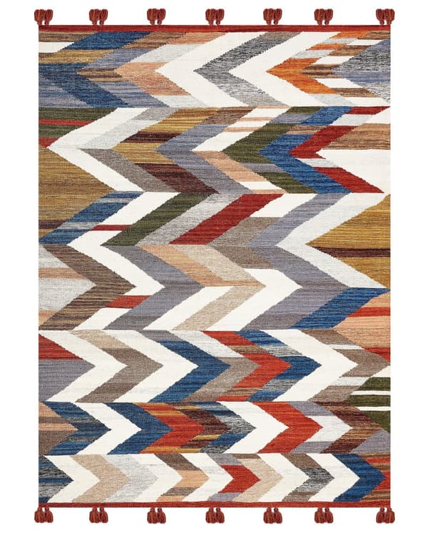 Matto monivärinen 160 x 230 cm villa puuvilla Kelim tupsut siksak-kuvio käsintehty boho