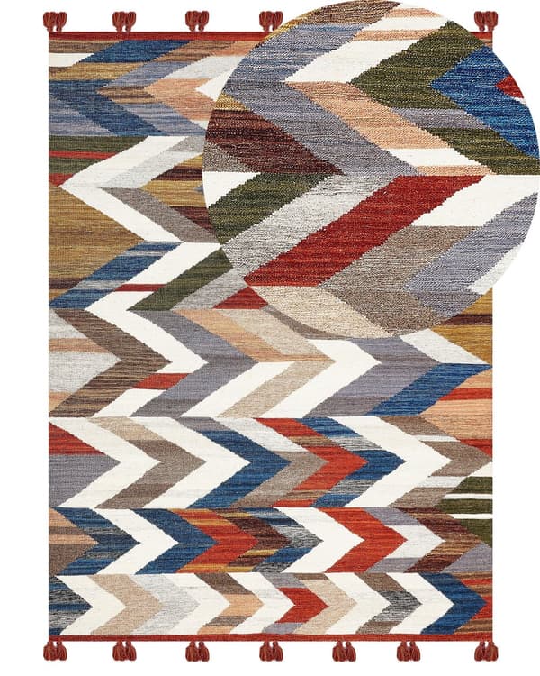 Matto monivärinen 160 x 230 cm villa puuvilla Kelim tupsut siksak-kuvio käsintehty boho