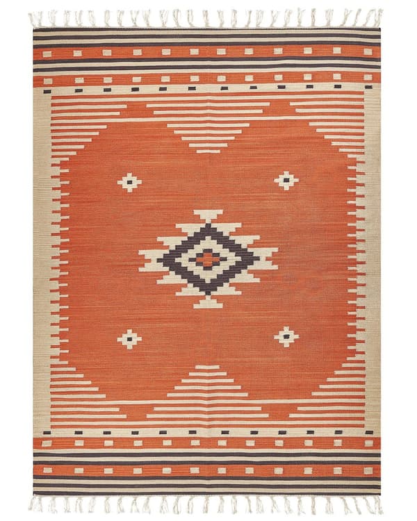 Kelim-matto oranssi puuvilla 160 x 230 cm kaksipuolinen geometrinen kuvio hapsuilla perinteinen tyyli
