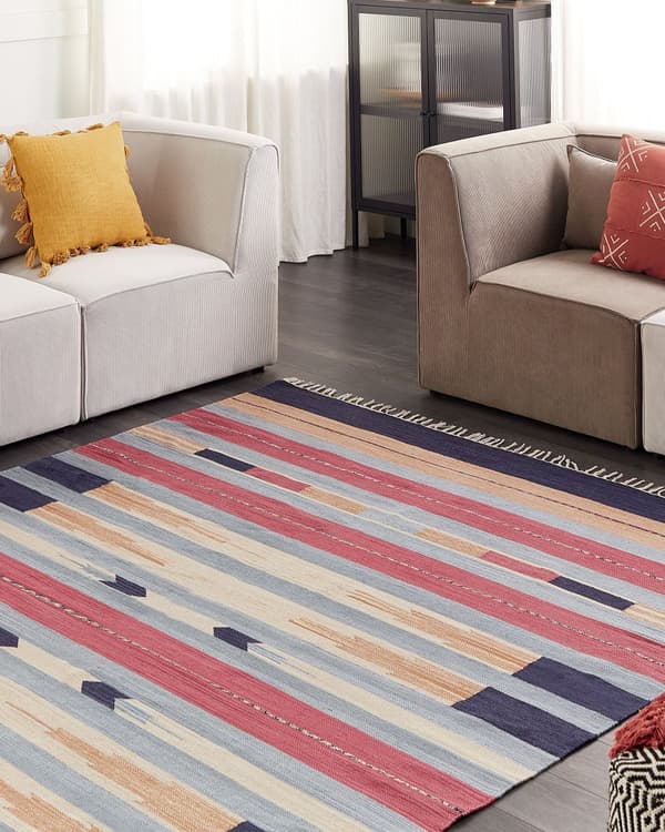 Kelim-matto monivärinen puuvilla 200 x 300 cm käsin kudottu kaksipuolinen geometrinen kuvio hapsuilla perinteinen boho tyyli