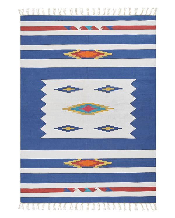 Kelim-matto monivärinen puuvilla 140 x 200 cm käsin punottu kaksipuolinen hapsut geometrinen kuvio perinteinen tyyli