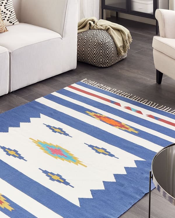 Kelim-matto monivärinen puuvilla 140 x 200 cm käsin punottu kaksipuolinen hapsut geometrinen kuvio perinteinen tyyli
