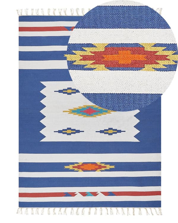Kelim-matto monivärinen puuvilla 140 x 200 cm käsin punottu kaksipuolinen hapsut geometrinen kuvio perinteinen tyyli
