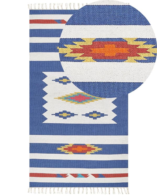 Kelim-matto monivärinen puuvilla 80 x 150 cm käsin punottu kaksipuolinen hapsut geometrinen kuvio perinteinen tyyli
