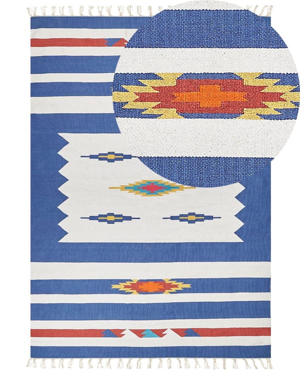 Kelim-matto monivärinen puuvilla 200 x 300 cm käsin punottu kaksipuolinen hapsut geometrinen kuvio perinteinen tyyli