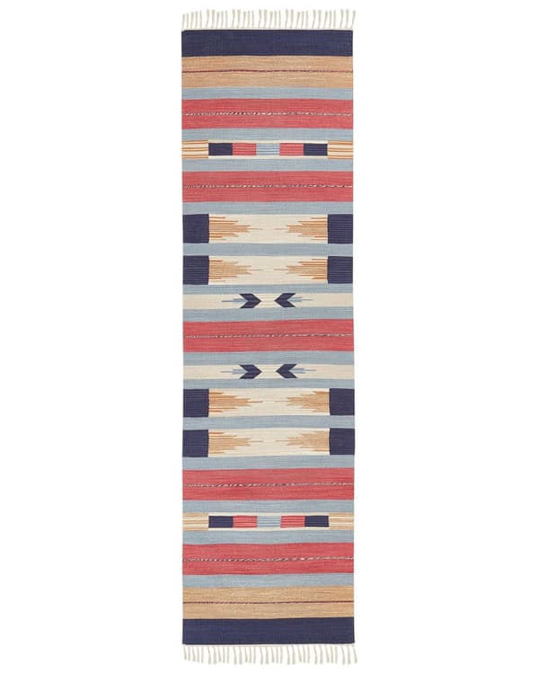Kelim-matto monivärinen puuvilla 80 x 300 cm käsin kudottu kaksipuolinen geometrinen kuvio hapsuilla perinteinen boho tyyli