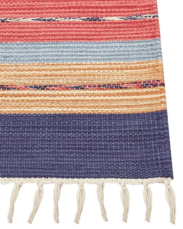 Kelim-matto monivärinen puuvilla 80 x 300 cm käsin kudottu kaksipuolinen geometrinen kuvio hapsuilla perinteinen boho tyyli
