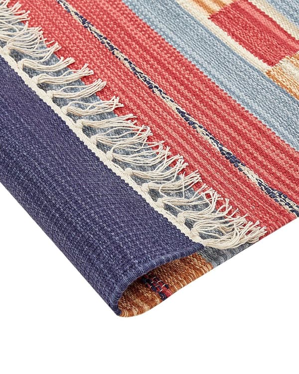 Kelim-matto monivärinen puuvilla 80 x 300 cm käsin kudottu kaksipuolinen geometrinen kuvio hapsuilla perinteinen boho tyyli