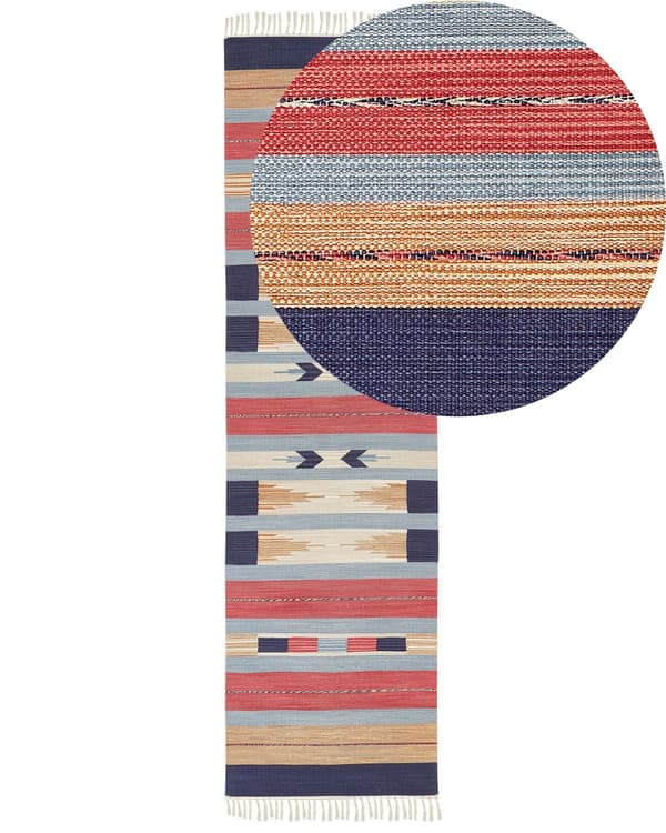 Kelim-matto monivärinen puuvilla 80 x 300 cm käsin kudottu kaksipuolinen geometrinen kuvio hapsuilla perinteinen boho tyyli