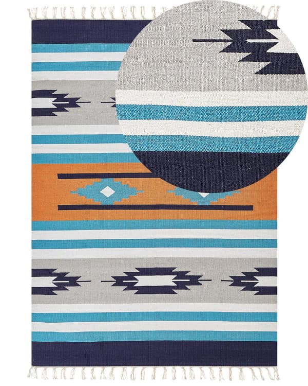 Kelim-matto monivärinen puuvilla 200 x 300 cm käsin kudottu kaksipuolinen geometrinen kuvio perinteinen tyyli