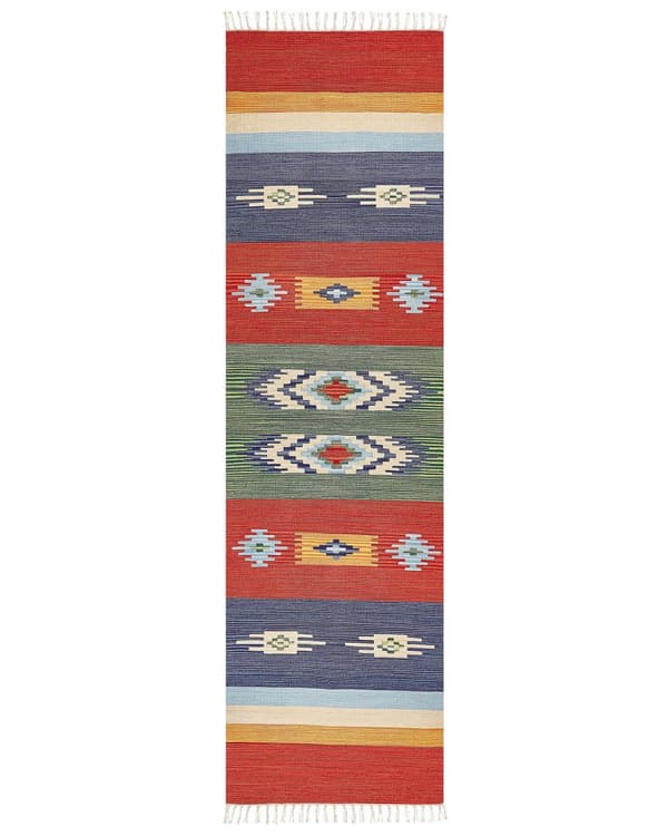 Kelim-matto monivärinen puuvilla 80 x 300 cm käsin kudottu kaksipuolinen lyhytnukkainen geometrinen kuvio hapsuilla perinteinen tyyli