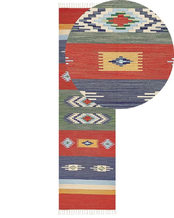 Kelim-matto monivärinen puuvilla 80 x 300 cm käsin kudottu kaksipuolinen lyhytnukkainen geometrinen kuvio hapsuilla perinteinen tyyli
