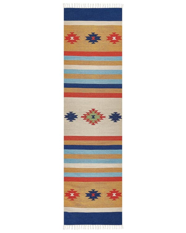 Kelim-matto monivärinen puuvilla 80 x 300 cm käsin kudottu kaksipuolinen lyhytnukkainen hapsuilla perinteinen tyyli