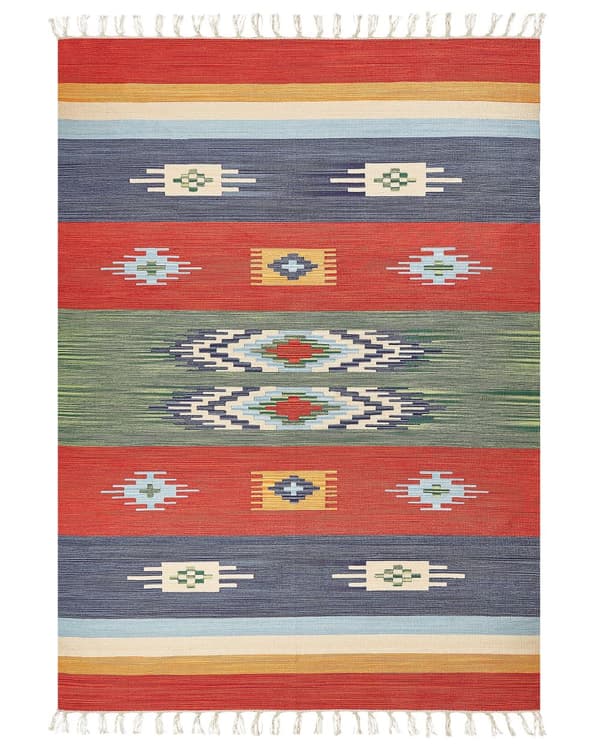 Kelim-matto monivärinen puuvilla 200 x 300 cm käsin kudottu kaksipuolinen lyhytnukkainen geometrinen kuvio hapsuilla perinteinen tyyli