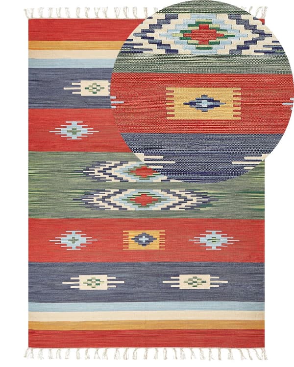 Kelim-matto monivärinen puuvilla 200 x 300 cm käsin kudottu kaksipuolinen lyhytnukkainen geometrinen kuvio hapsuilla perinteinen tyyli