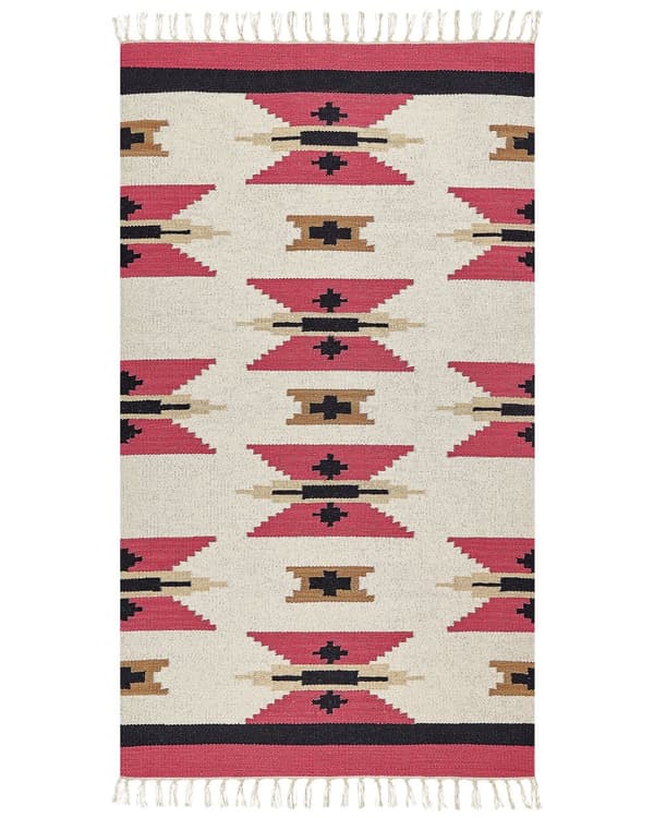 Kelim-matto monivärinen puuvilla 80 x 150 cm käsin kudottu geometrinen kuvio hapsuilla boho tyyli