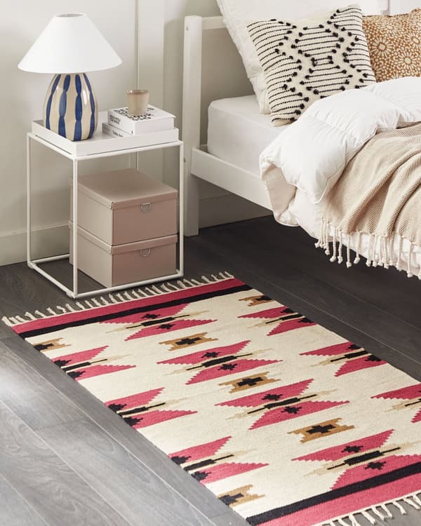 Kelim-matto monivärinen puuvilla 80 x 150 cm käsin kudottu geometrinen kuvio hapsuilla boho tyyli