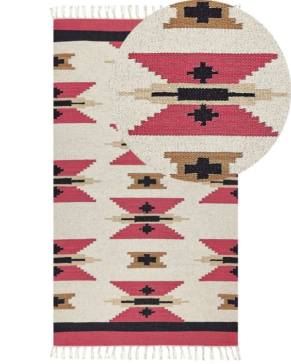 Kelim-matto monivärinen puuvilla 80 x 150 cm käsin kudottu geometrinen kuvio hapsuilla boho tyyli